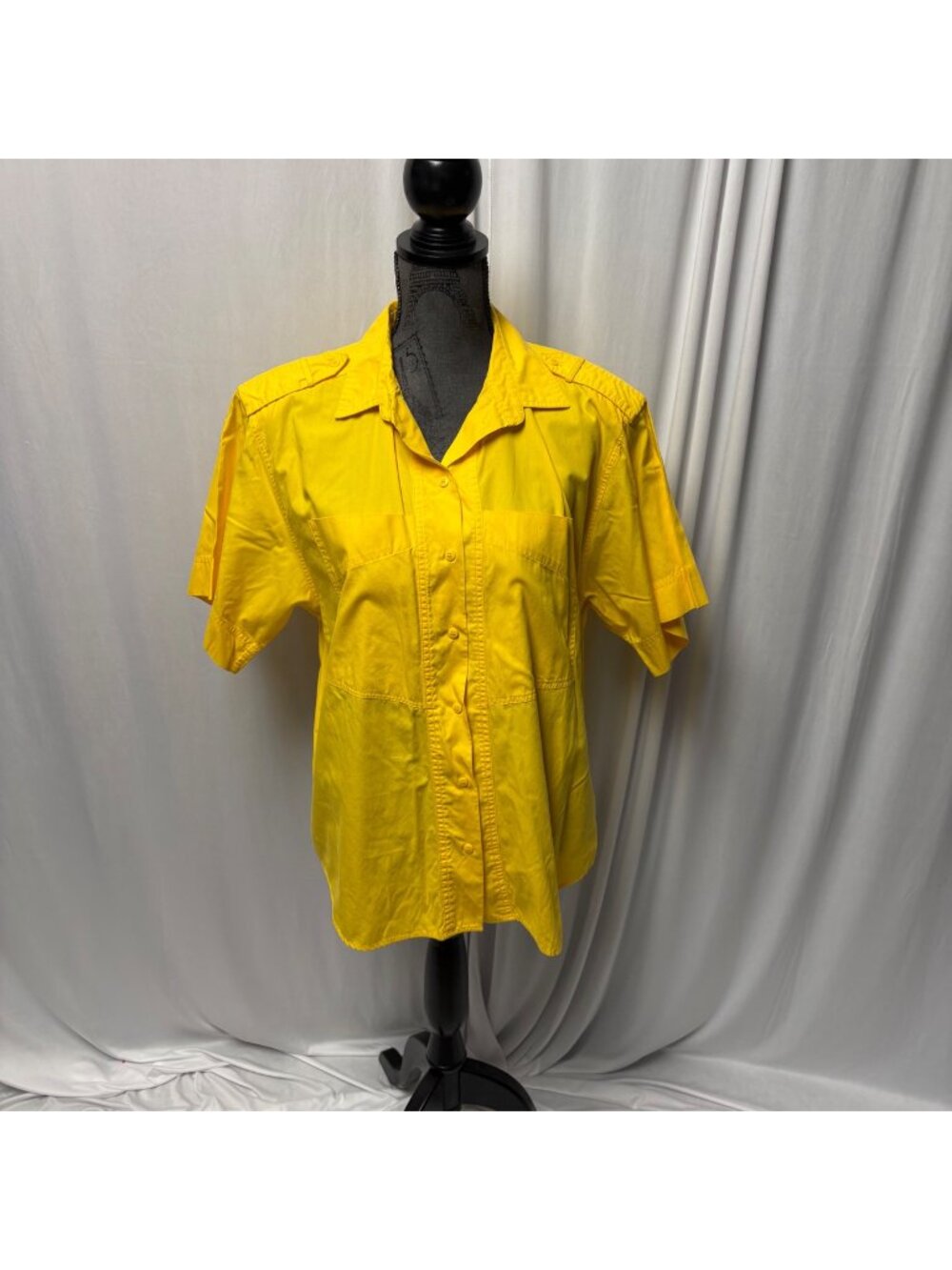 French Navy Yellow Short-Sleeve Button-Up Shirt Womens Large Shoulder Epaulets